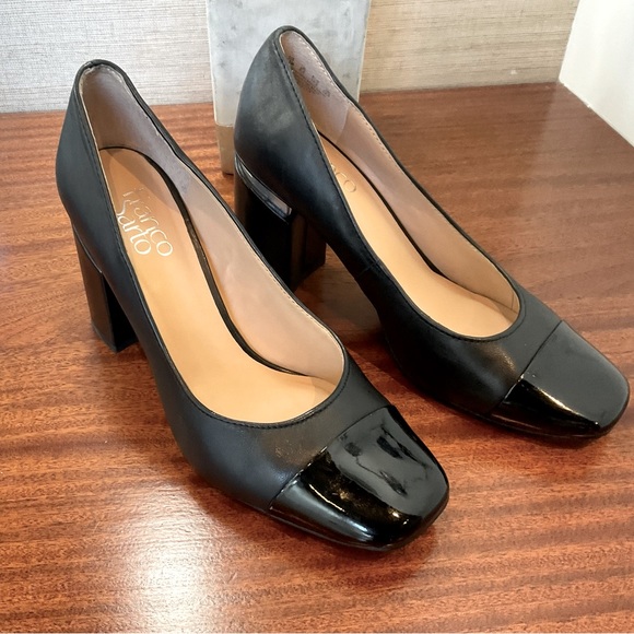 Franco sarto roller black leather block heel cap toe slip on pumps - Picture 4 of 12
